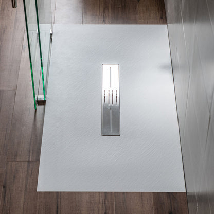 WOODBRIDGE 59 in L x 35.4 in W Zero Threshold End Drain Shower Base with Center Drain Placement, Matching Decorative Drain Plate and Tile Flange, Wheel Chair Access, Low Profile