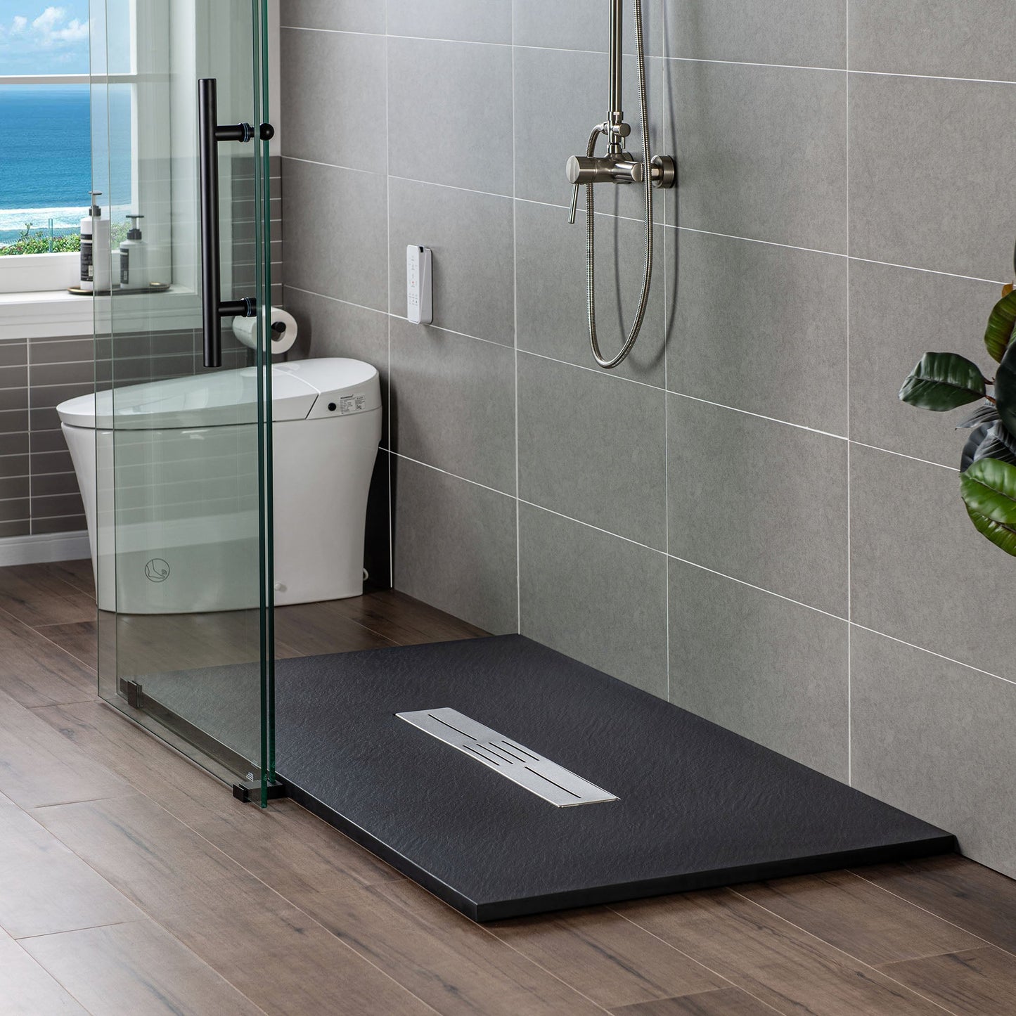 WOODBRIDGE 59 in L x 35.4 in W Zero Threshold End Drain Shower Base with Center Drain Placement, Matching Decorative Drain Plate and Tile Flange, Wheel Chair Access, Low Profile