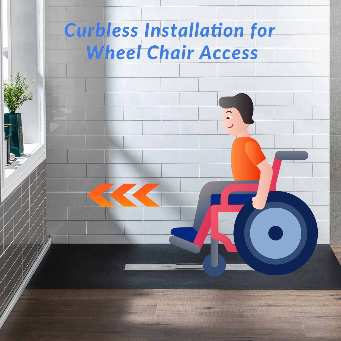 WOODBRIDGE 59 in L x 35.4 in W Zero Threshold End Drain Shower Base with Center Drain Placement, Matching Decorative Drain Plate and Tile Flange, Wheel Chair Access, Low Profile