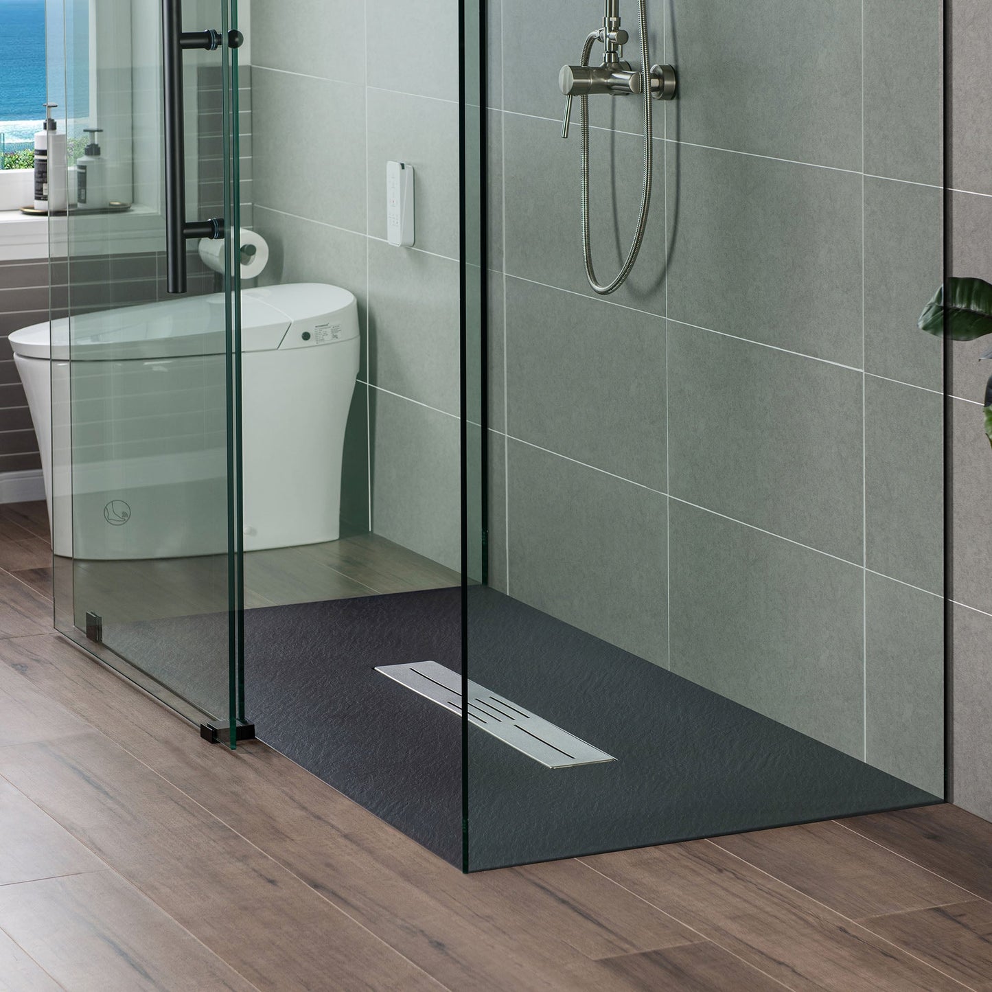 WOODBRIDGE 59 in L x 35.4 in W Zero Threshold End Drain Shower Base with Center Drain Placement, Matching Decorative Drain Plate and Tile Flange, Wheel Chair Access, Low Profile