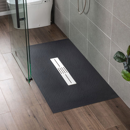 WOODBRIDGE 59 in L x 35.4 in W Zero Threshold End Drain Shower Base with Center Drain Placement, Matching Decorative Drain Plate and Tile Flange, Wheel Chair Access, Low Profile
