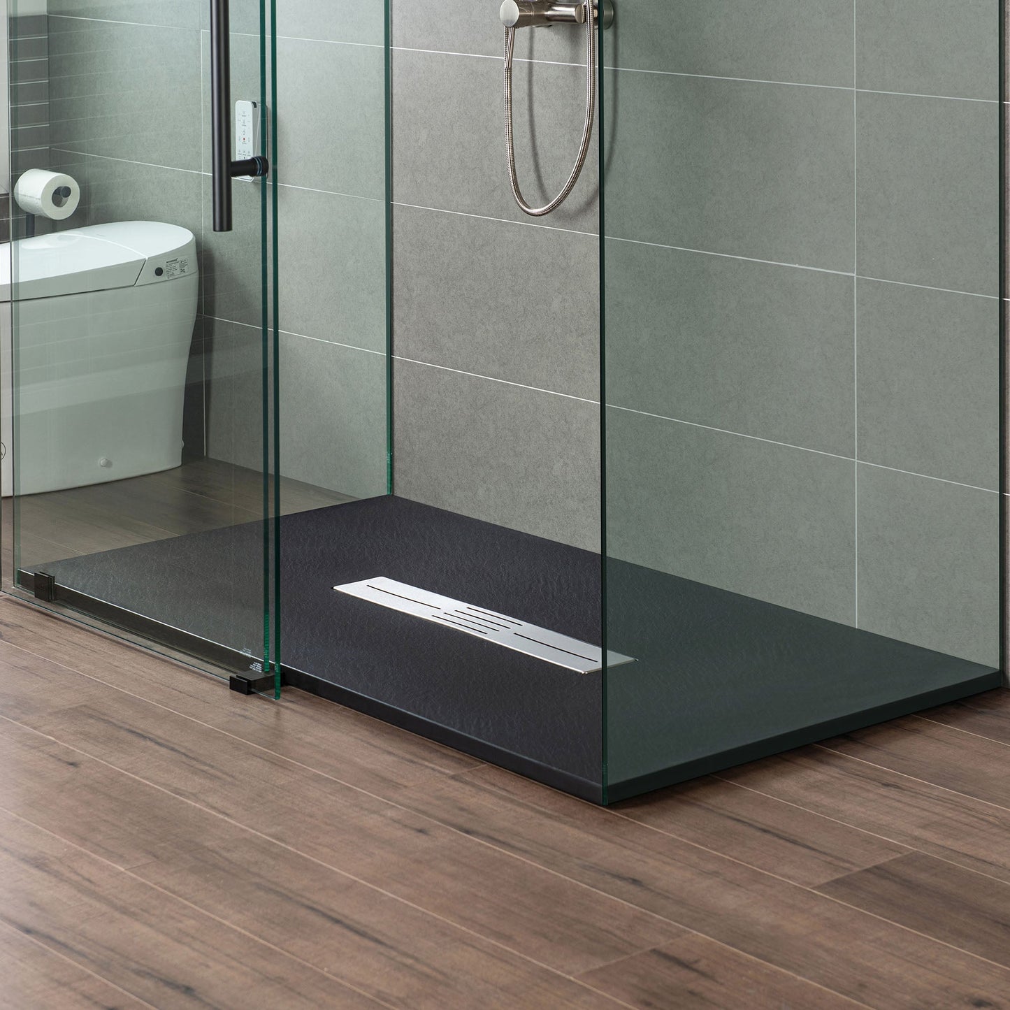 WOODBRIDGE 59 in L x 35.4 in W Zero Threshold End Drain Shower Base with Center Drain Placement, Matching Decorative Drain Plate and Tile Flange, Wheel Chair Access, Low Profile