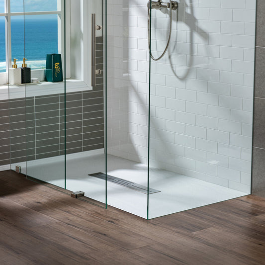 WOODBRIDGE 47.5 in L x 35.4 in W Zero Threshold End Drain Shower Base with Center Drain Placement, Matching Decorative Drain Plate and Tile Flange, Wheel Chair Access, Low Profile