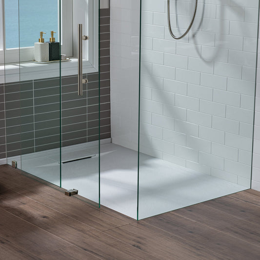 WOODBRIDGE 47.5 in L x 31.5 in W Zero Threshold End Drain Shower Base with Reversible Drain Placement, Matching Decorative Drain Plate and Tile Flange, Wheel Chair Access, Low Profile