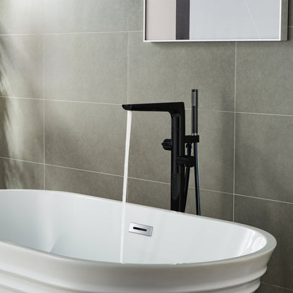 WOODBRIDGE F0014BN Contemporary Single Handle Floor Mount Freestanding Tub Filler Faucet with Hand shower