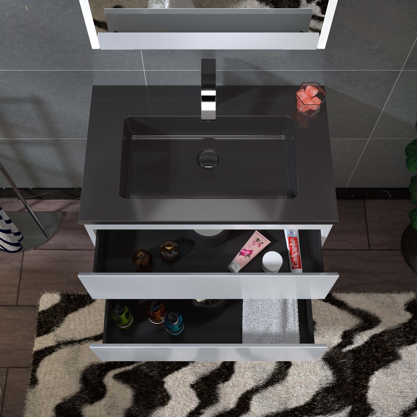 WOODBRIDGE 29-1/2 in. W x 19 in. D Wall Mounted Floating Vanity in Glossy White with Quartz Sand Composite Vanity Top in Matte Black