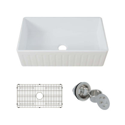 WOODBRIDGE 33" X 18" White Fireclay Single Bowl Farmhouse Apron Front Kitchen Sink with Strainers and Sink Protector Grid