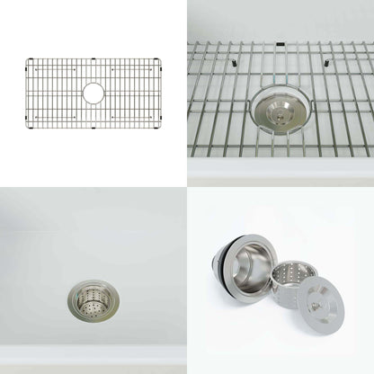 WOODBRIDGE 33" X 18" White Fireclay Single Bowl Farmhouse Apron Front Kitchen Sink with Strainers and Sink Protector Grid