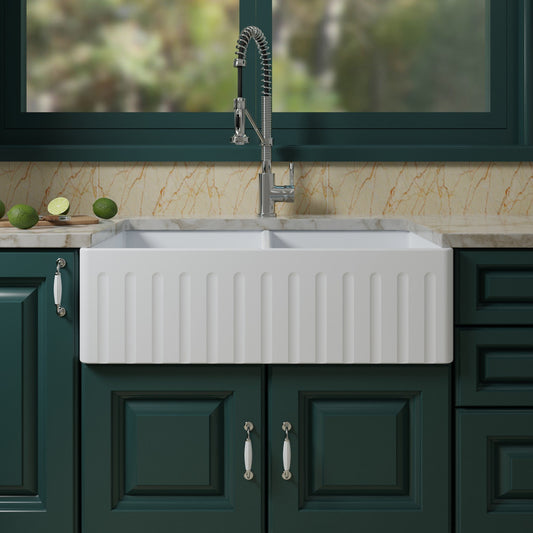 WOODBRIDGE 33" X 18" White Fireclay Double Bowl Farmhouse Apron Front Kitchen Sink with Strainers and Sink Protector Grid