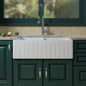 WOODBRIDGE 33" X 18" White Fireclay Double Bowl Farmhouse Apron Front Kitchen Sink with Strainers and Sink Protector Grid