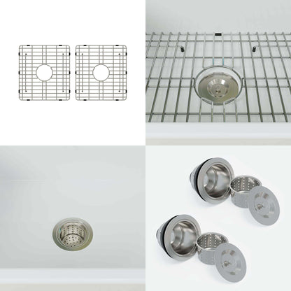 WOODBRIDGE 33" X 18" White Fireclay Double Bowl Farmhouse Apron Front Kitchen Sink with Strainers and Sink Protector Grid