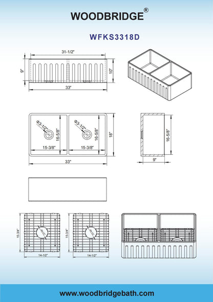 WOODBRIDGE 33" X 18" White Fireclay Double Bowl Farmhouse Apron Front Kitchen Sink with Strainers and Sink Protector Grid