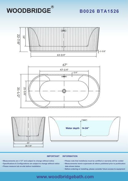WOODBRIDGE 67" L x 31-1/2" W Freestanding Contemporary Soaking Bathtub