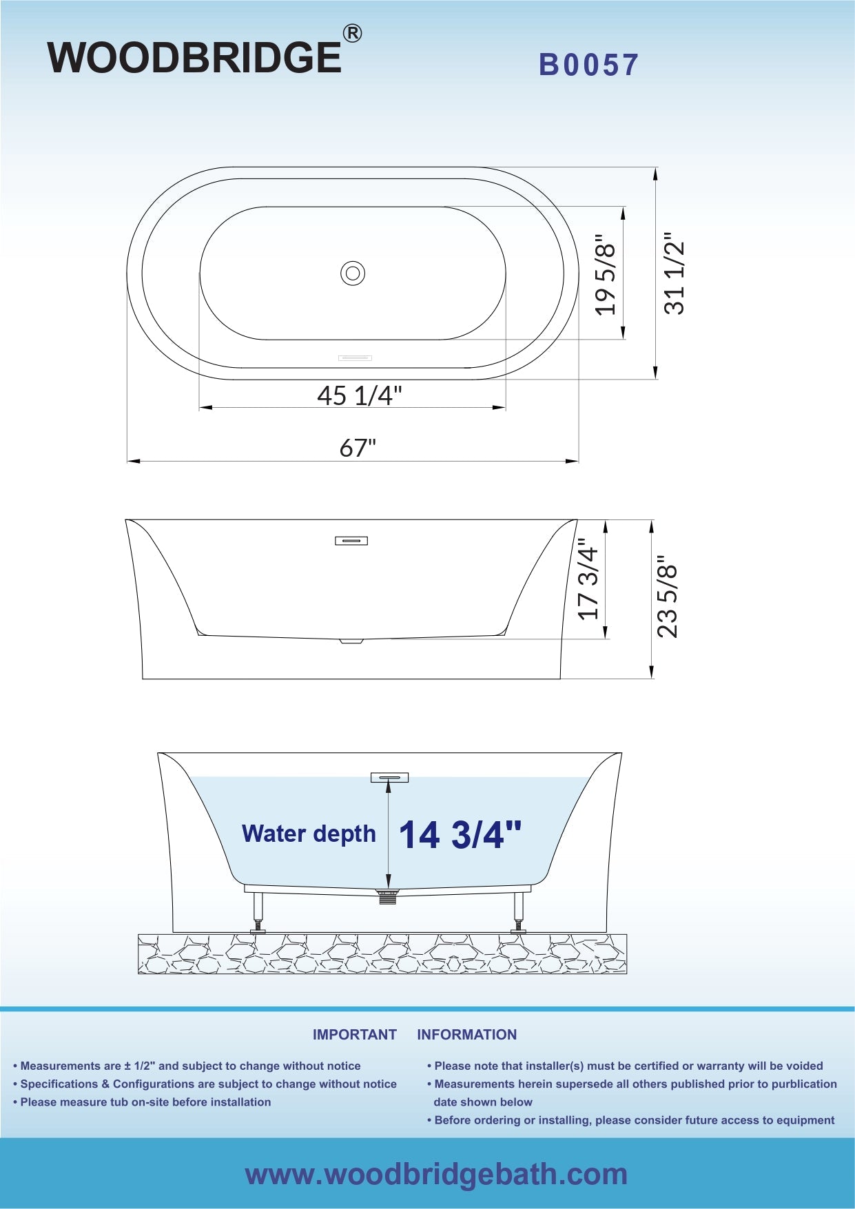 WOODBRIDGE 67" Acrylic Freestanding Bathtub Contemporary Soaking Tub