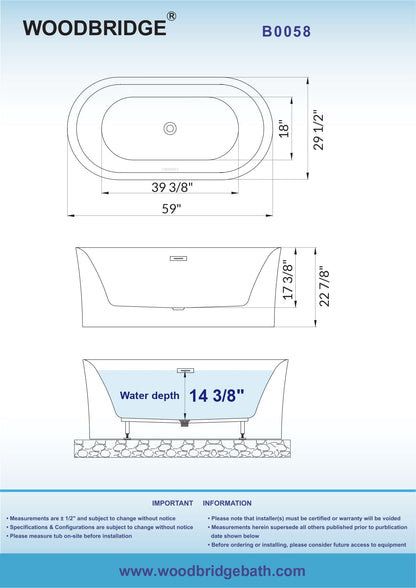 WOODBRIDGE 59" Acrylic Freestanding Bathtub Contemporary Soaking Tub