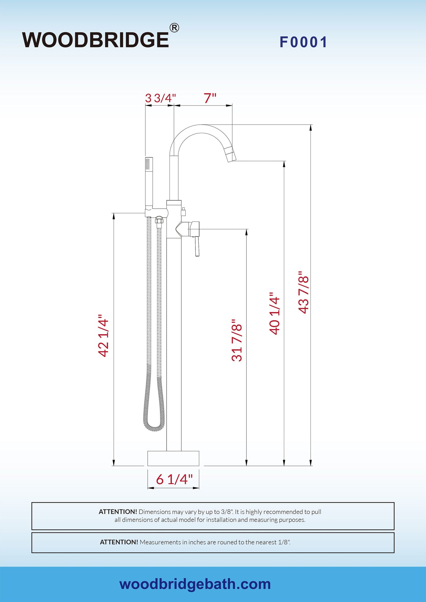 WOODBRIDGE F0001BNDR Contemporary Single Handle Floor Mount Freestanding Tub Filler Faucet with Hand shower