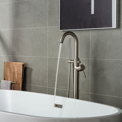 WOODBRIDGE F0001BNDR Contemporary Single Handle Floor Mount Freestanding Tub Filler Faucet with Hand shower