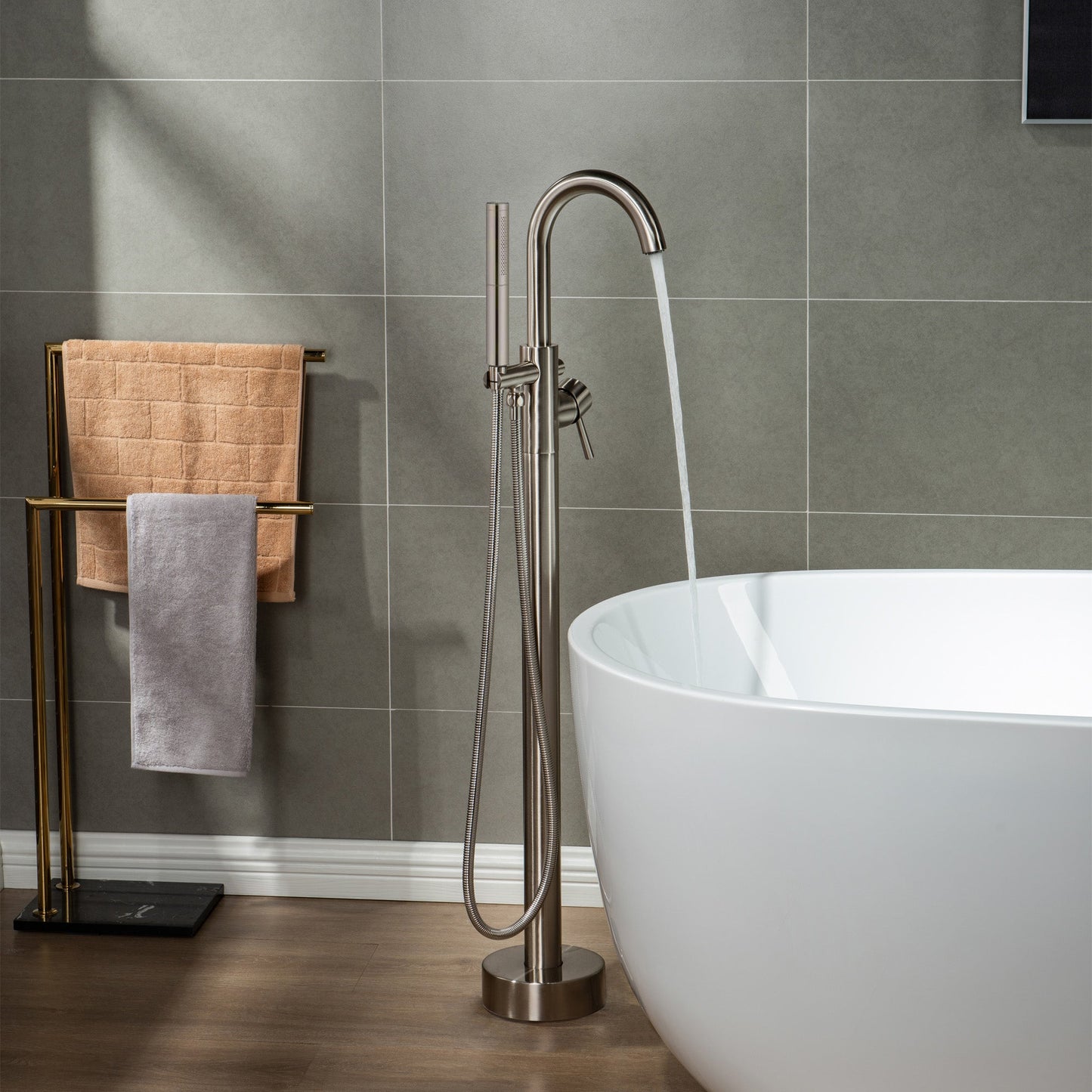 WOODBRIDGE F0001BNDR Contemporary Single Handle Floor Mount Freestanding Tub Filler Faucet with Hand shower