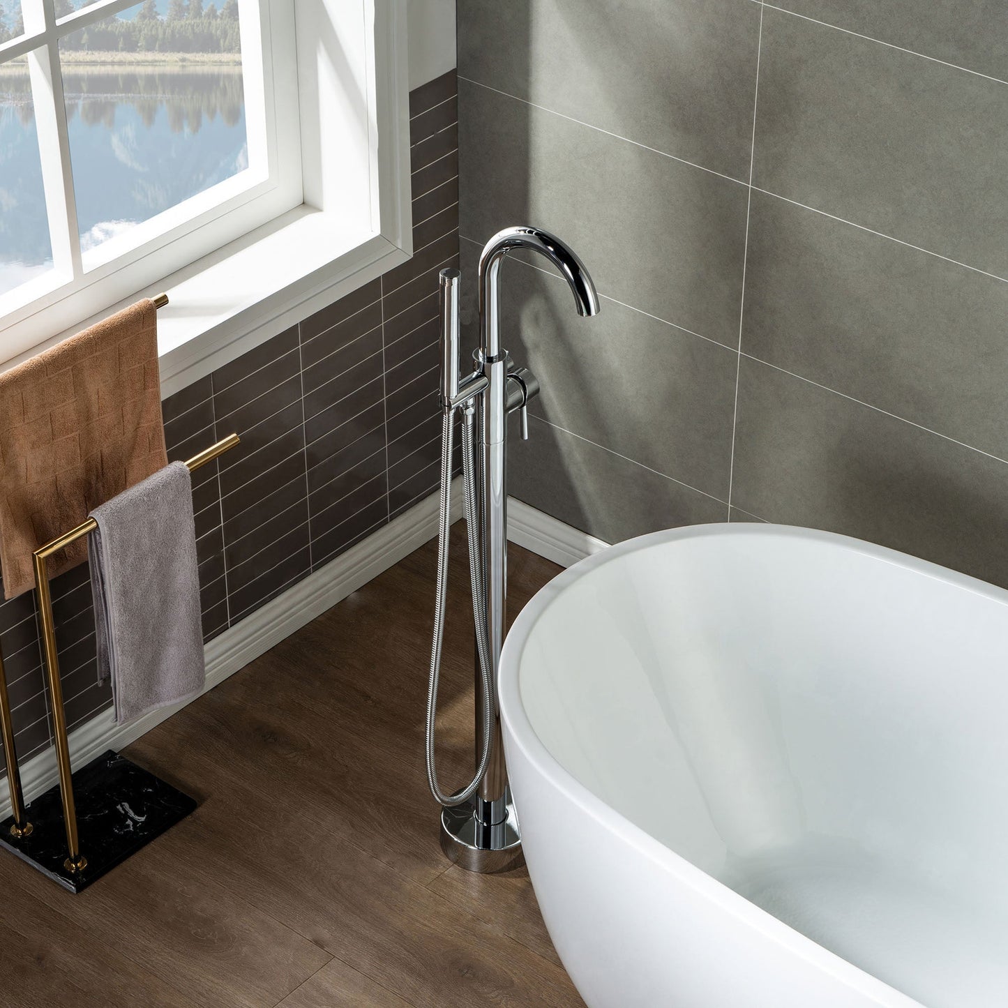 WOODBRIDGE F0001BNDR Contemporary Single Handle Floor Mount Freestanding Tub Filler Faucet with Hand shower