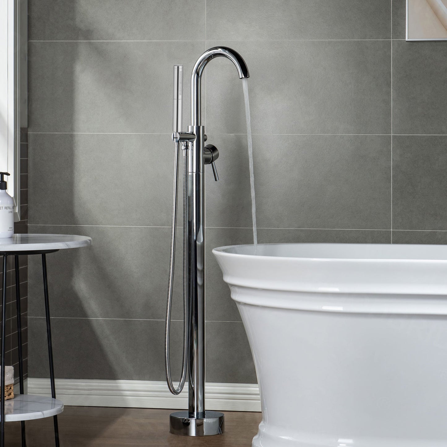 WOODBRIDGE F0001BNDR Contemporary Single Handle Floor Mount Freestanding Tub Filler Faucet with Hand shower