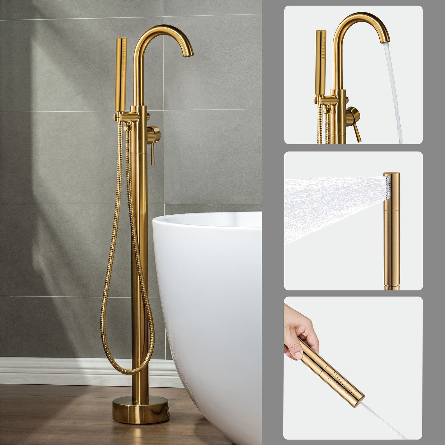 WOODBRIDGE F0001BNDR Contemporary Single Handle Floor Mount Freestanding Tub Filler Faucet with Hand shower