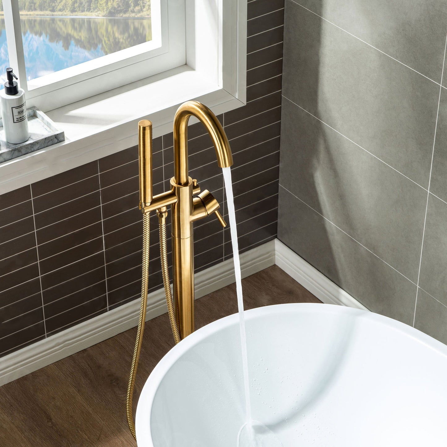 WOODBRIDGE F0001BNDR Contemporary Single Handle Floor Mount Freestanding Tub Filler Faucet with Hand shower