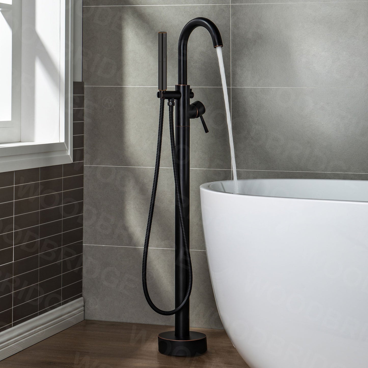 WOODBRIDGE F0001BNDR Contemporary Single Handle Floor Mount Freestanding Tub Filler Faucet with Hand shower