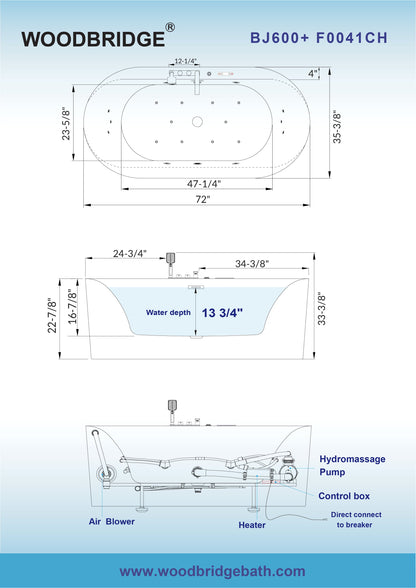 WOODBRIDGE 72" x 35-3/8" Whirlpool and Air Bath Heated Soaking Combination Tub with Adjustable Speed Air Blower, Tub Filler and Display Control Panel, White