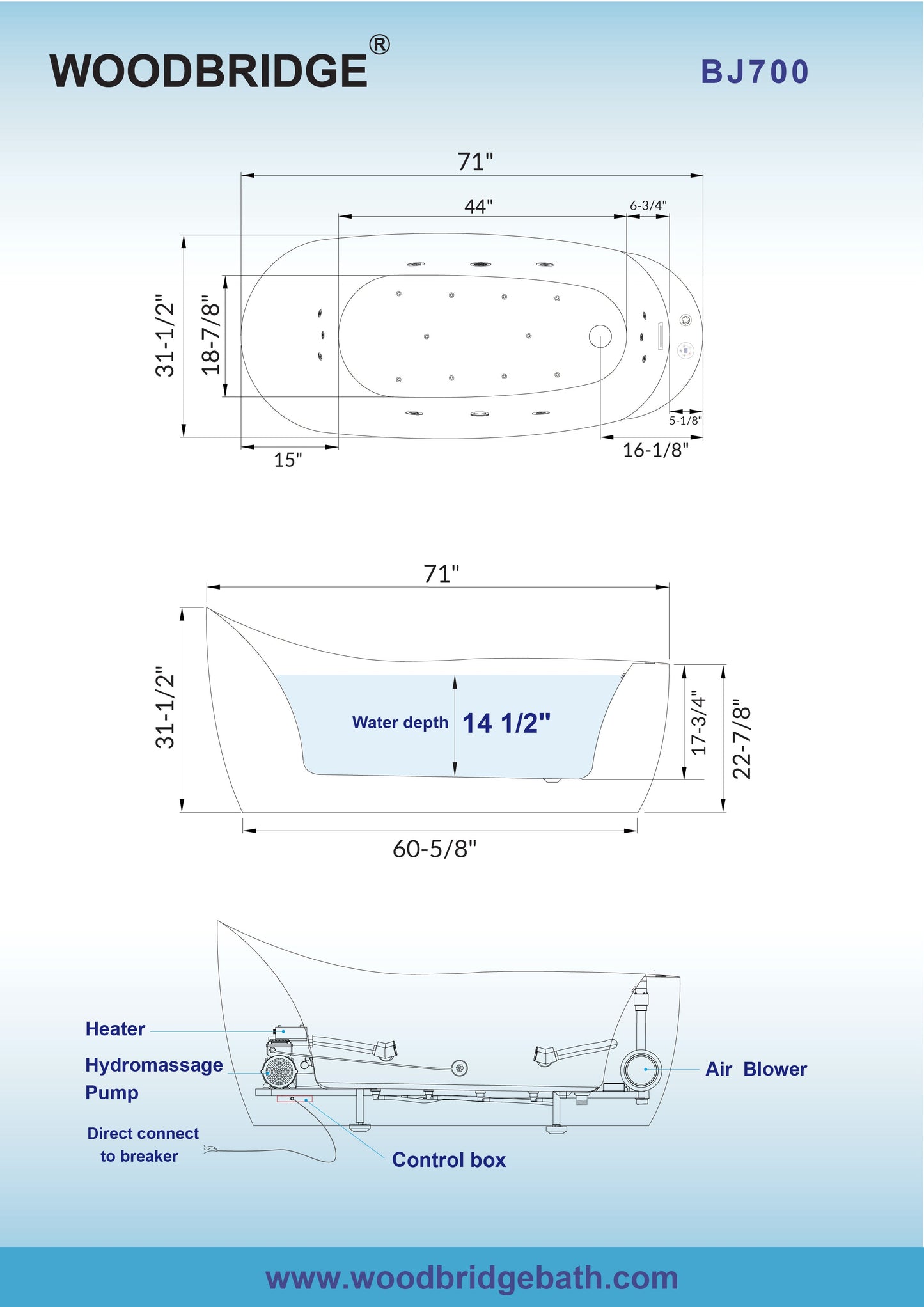 WOODBRIDGE 71" x 31-1/2" Whirlpool and Air Bath Heated Soaking Combination Tub with Adjustable Speed Air Blower and Display Control Panel
