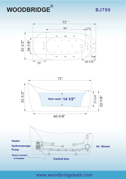 WOODBRIDGE 71" x 31-1/2" Whirlpool and Air Bath Heated Soaking Combination Tub with Adjustable Speed Air Blower and Display Control Panel