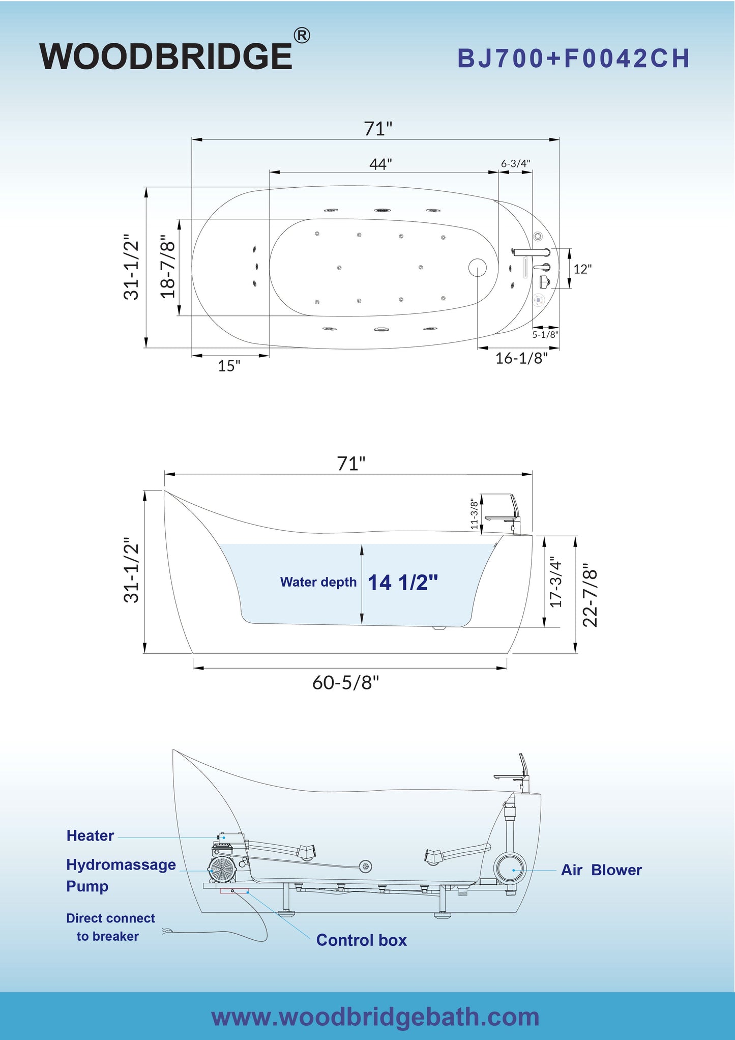 WOODBRIDGE 71" x 31-1/2" Whirlpool and Air Bath Heated Soaking Combination Tub with Adjustable Speed Air Blower, Tub Filler and Display Control Panel, White