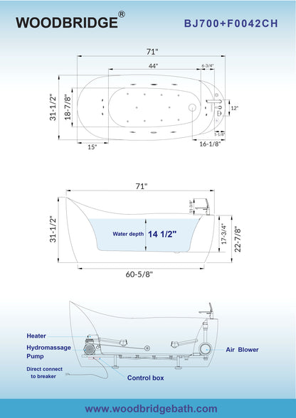 WOODBRIDGE 71" x 31-1/2" Whirlpool and Air Bath Heated Soaking Combination Tub with Adjustable Speed Air Blower, Tub Filler and Display Control Panel, White