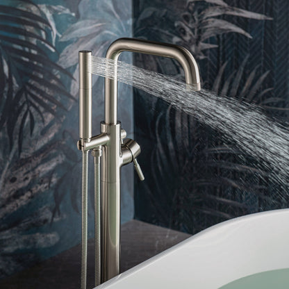 WOODBRIDGE F0070BNDR Contemporary Single Handle Floor Mount Freestanding Tub Filler Faucet with 2 Function Cylinder Style Hand Shower