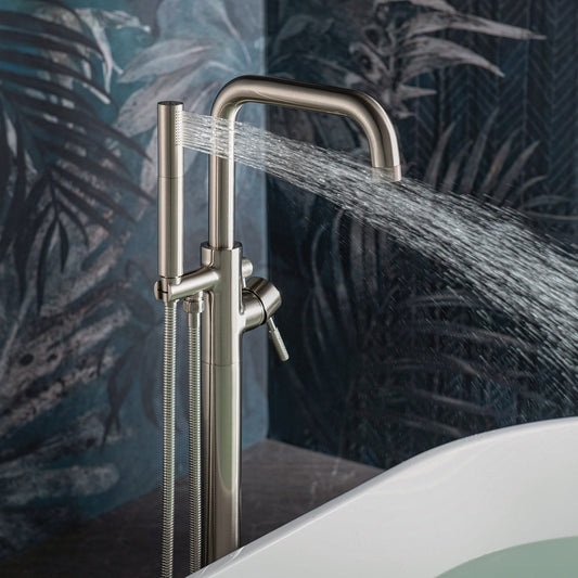 WOODBRIDGE F0070BNDR Contemporary Single Handle Floor Mount Freestanding Tub Filler Faucet with 2 Function Cylinder Style Hand Shower