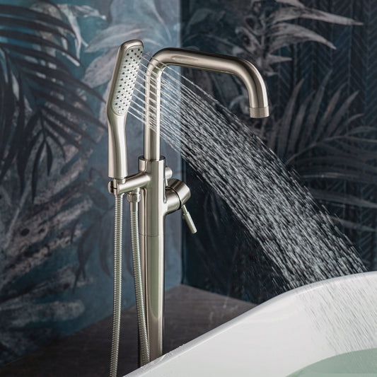 WOODBRIDGE F0070BNSQ Fusion Single Handle Floor Mount Freestanding Tub Filler Faucet with Square Shape Hand Shower