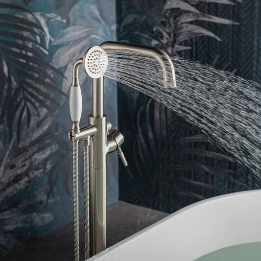 WOODBRIDGE F0070BNVT Fusion Single Handle Floor Mount Freestanding Tub Filler Faucet with Classic Telephone Style Hand Shower