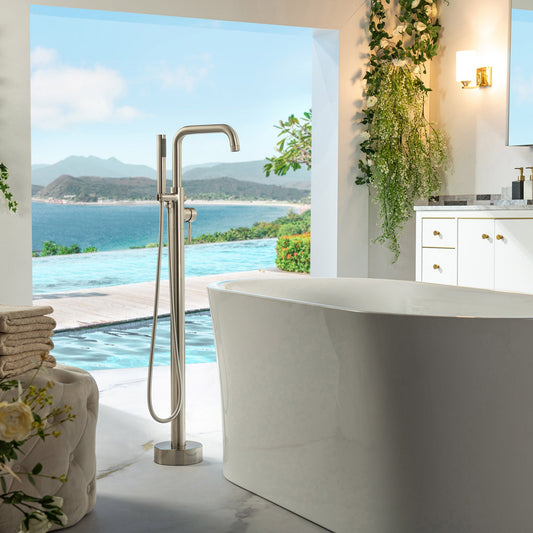 WOODBRIDGE F0070BNRD Contemporary Single Handle Floor Mount Freestanding Tub Filler Faucet with Cylinder Style Hand Shower