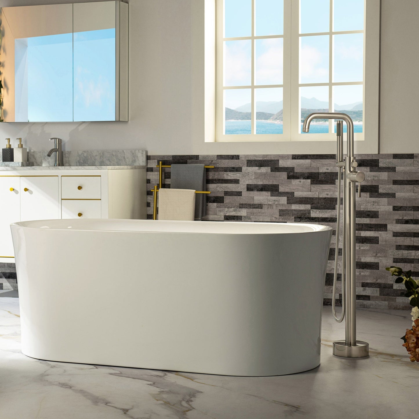 WOODBRIDGE F0070BNRD Contemporary Single Handle Floor Mount Freestanding Tub Filler Faucet with Cylinder Style Hand Shower