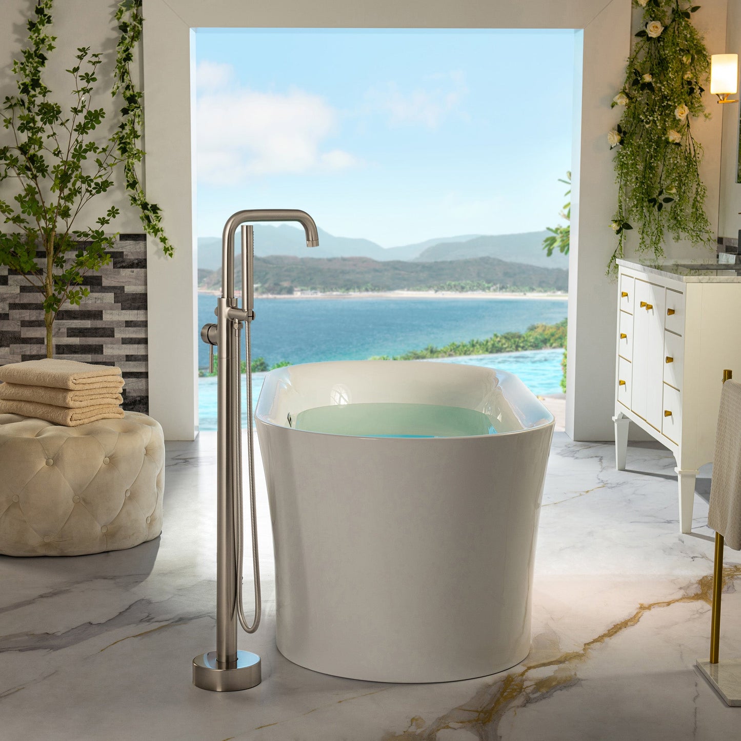 WOODBRIDGE F0070BNRD Contemporary Single Handle Floor Mount Freestanding Tub Filler Faucet with Cylinder Style Hand Shower
