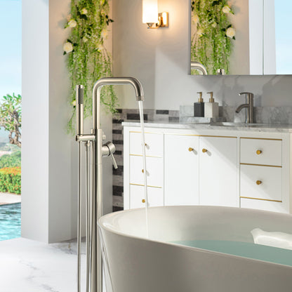 WOODBRIDGE F0070BNRD Contemporary Single Handle Floor Mount Freestanding Tub Filler Faucet with Cylinder Style Hand Shower