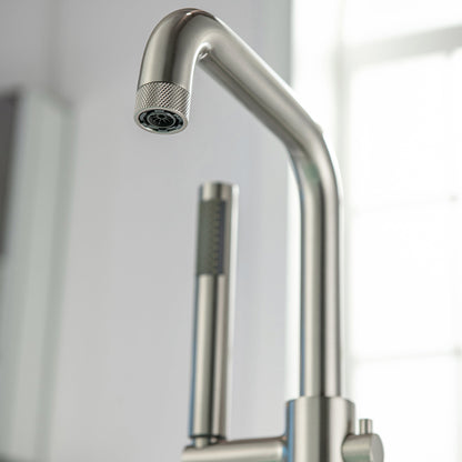 WOODBRIDGE F0070BNRD Contemporary Single Handle Floor Mount Freestanding Tub Filler Faucet with Cylinder Style Hand Shower