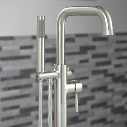 WOODBRIDGE F0070BNRD Contemporary Single Handle Floor Mount Freestanding Tub Filler Faucet with Cylinder Style Hand Shower