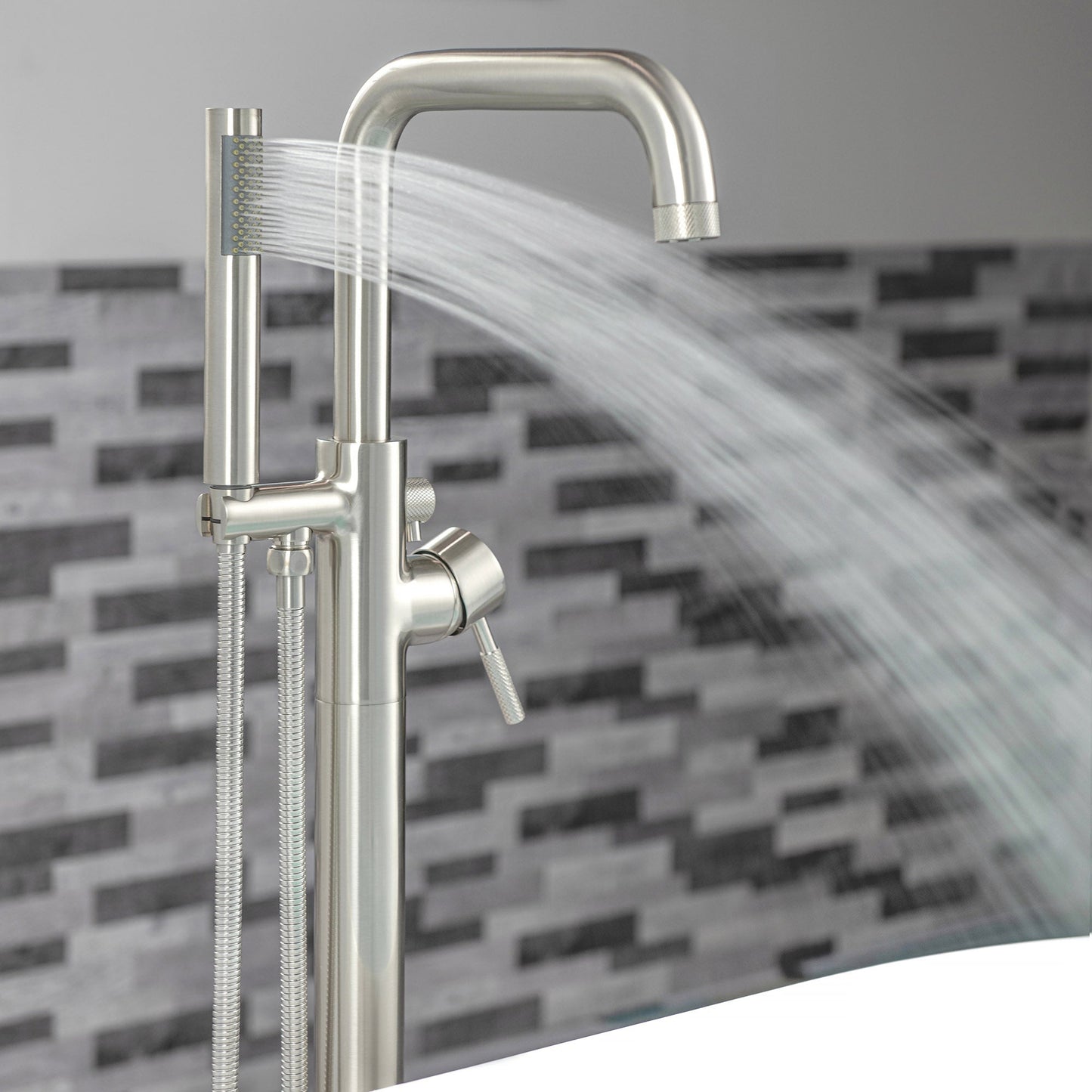 WOODBRIDGE F0070BNRD Contemporary Single Handle Floor Mount Freestanding Tub Filler Faucet with Cylinder Style Hand Shower