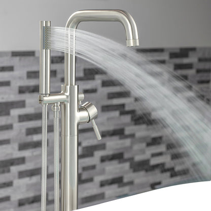 WOODBRIDGE F0070BNRD Contemporary Single Handle Floor Mount Freestanding Tub Filler Faucet with Cylinder Style Hand Shower