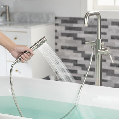 WOODBRIDGE F0070BNRD Contemporary Single Handle Floor Mount Freestanding Tub Filler Faucet with Cylinder Style Hand Shower
