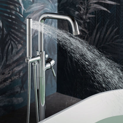 WOODBRIDGE F0070BNDR Contemporary Single Handle Floor Mount Freestanding Tub Filler Faucet with 2 Function Cylinder Style Hand Shower