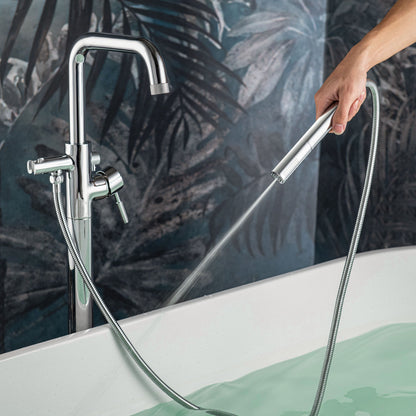 WOODBRIDGE F0070BNDR Contemporary Single Handle Floor Mount Freestanding Tub Filler Faucet with 2 Function Cylinder Style Hand Shower