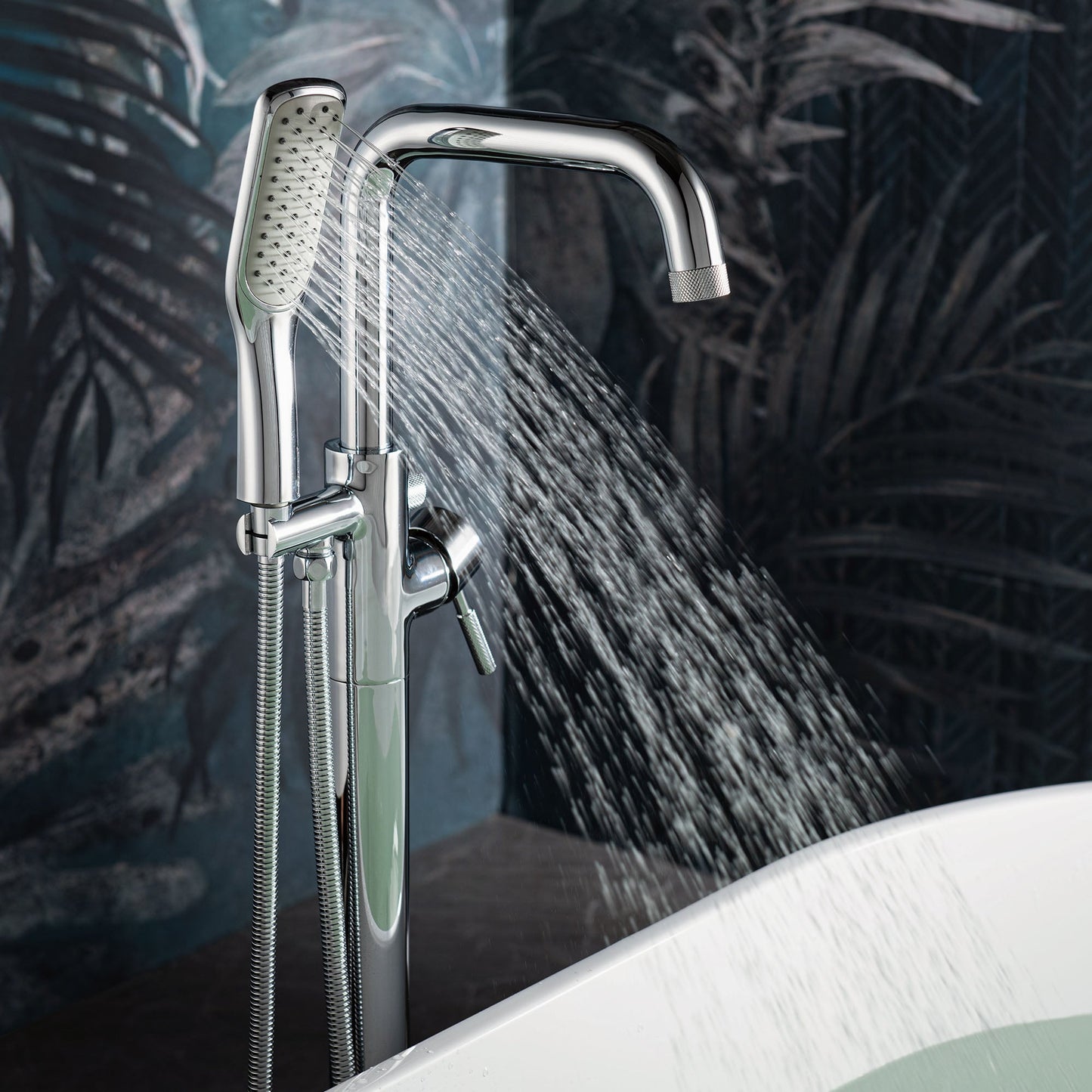 WOODBRIDGE F0070BNSQ Fusion Single Handle Floor Mount Freestanding Tub Filler Faucet with Square Shape Hand Shower