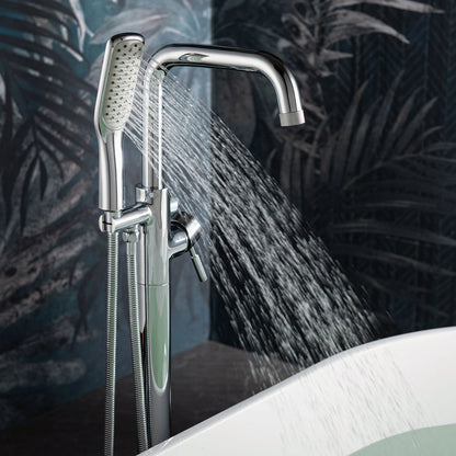 WOODBRIDGE F0070BNSQ Fusion Single Handle Floor Mount Freestanding Tub Filler Faucet with Square Shape Hand Shower