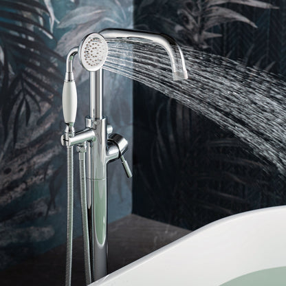 WOODBRIDGE F0070BNVT Fusion Single Handle Floor Mount Freestanding Tub Filler Faucet with Classic Telephone Style Hand Shower